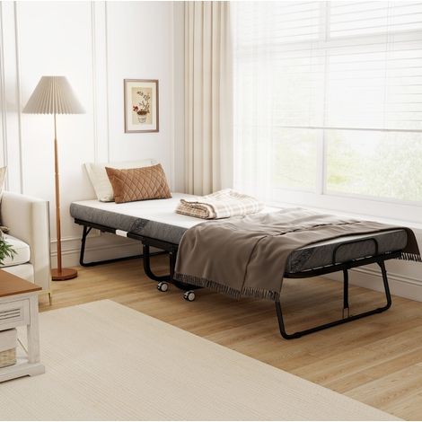 Letto pieghevole 200x90x42.5 cm, richiudibile salvaspazio, 4 ruote con 2 bloccabili, tessuto jacquard in poliestere, bianco (1/5)