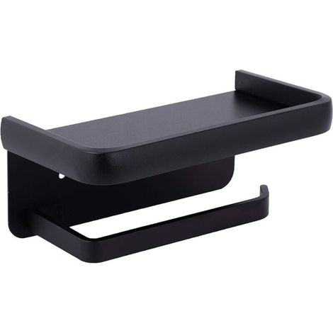 Soporte de papel higiénico de pared, portarrollos de aluminio, dispensador de papel higiénico con estante de almacenamiento, color negro. (1/5)