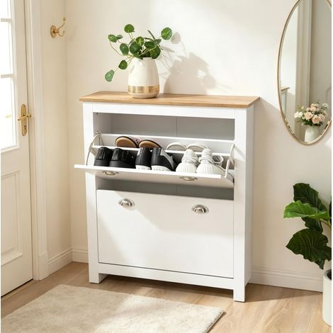 Meuble à chaussures MDF bois clair et blanc, 2 tiroirs abattants avec étagères réglables, plateau et fixation anti-basculement 79 x 23 x 90,5 cm – CHICFURN (1/5)