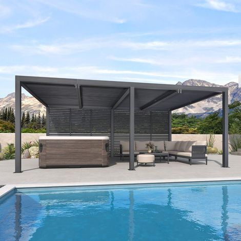 PURPLE LEAF Pergola Bioclimatique Aluminium 6 x 3,68 m avec Lames Orientables et Store Enrouleur sur Un Côté Long – Gris