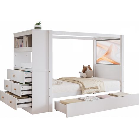 Lit simple enfant 90x200 cm avec barrière, rangements latéraux, 5 tiroirs sur roulettes, structure bois blanc, pour chambre enfant pratique et facile à monter - CHICFURN (1/5)