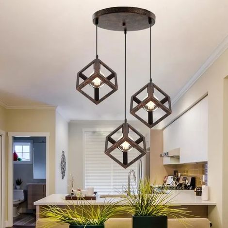 U-do 3 Têtes Lustre Suspension Industrielle Moderne - Lustre Pendantif carré - Ajustable - Marron (1/4)