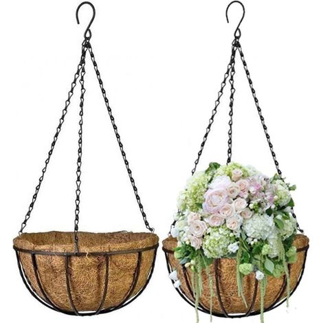 Jardinière suspendue 2 pièces en fibre de coco – Support en métal avec chaîne – Pour décoration intérieure et extérieure – Capacité optimale (1/5)
