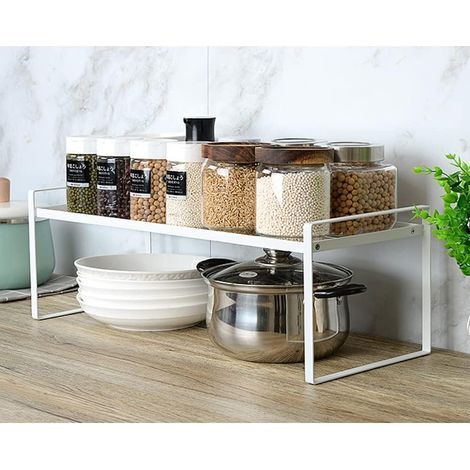 Expandable Kitchen Shelf Cupboard Organizers, Storage Shelf for Kitchen Cupboard/Bathroom/Countertops/Utensils, 36-60 x 21 x 18 cm (Black) (2 Pieces) (1/5)