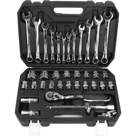 Lot de 37 clés à cliquet et douilles en acier chromé vanadium, universel multifonction pour réparation auto (1/5)