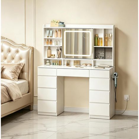 Tocador con espejo LED y enchufes integrados, 110 x 40 x 140 cm, blanco DESVIAE (1/5)