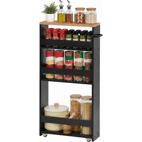 Chariot de Rangement Étroit Noir Chêne 4 Niveaux 40×14×80cm Les barrières latérales gardent les objets en place tandis que quatre roulettes facilitent le déplacement et le montage (1/5)