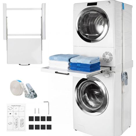 Kit de Superposition Universel pour Lave-linge et Sèche-linge, Cadre en Acier Robuste de 60 cm Sans Assemblage Design Invisible avec Tablette CoulissanteGain de Place pour Buanderie (1/5)