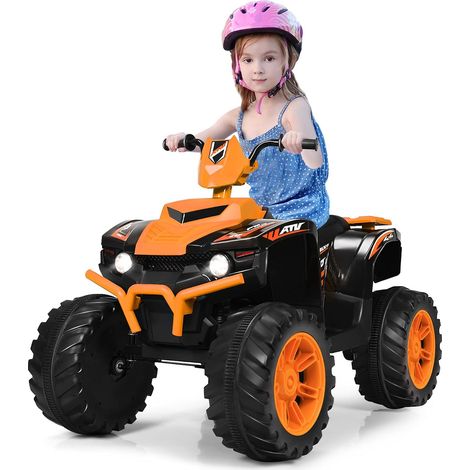 COSTWAY Quad Électrique 12V pour Enfants 3-7 Ans, avec Démarrage Lent, Vitesse 2,8-5 km/h, Lumières LED, Musiques et Histoires, 104 x 67 x 74 cm, pour Différents Terrains (Orange) (1/5)
