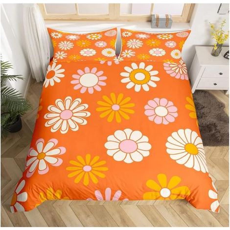 60S 70S Groovy Parure de Lit 140 x 200 Retro Hippie Flower Sets de Housse de Couette Vintage Boho Plant Floral Réversible - WQP (1/4)
