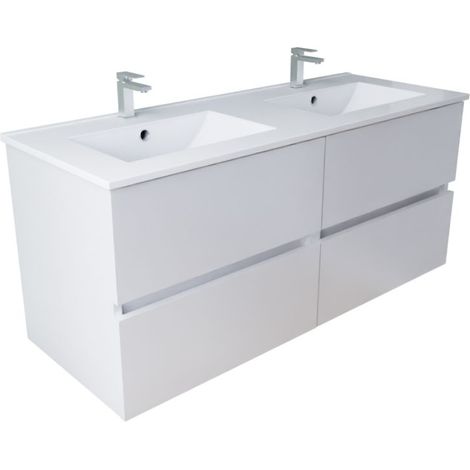 Meuble double vasque 120 cm ROSALY INOX- Blanc- Plan vasque en Céramique (1/4)