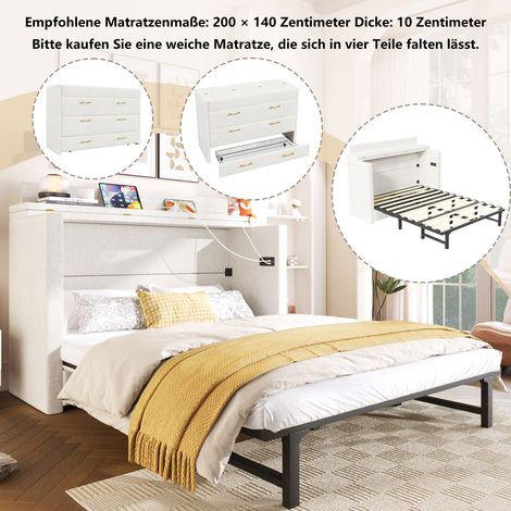 Lit escamotable 140x200 cm lin beige,1 tiroir,rangement chevet,USB+Type-C,plateforme convertible,design gain de place,sans matelas (1/5)