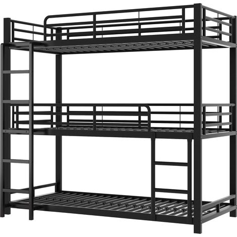 Cama triple litera de metal 90 x 200 cm negra con escalera fija y barandillas MODENUIT (1/5)