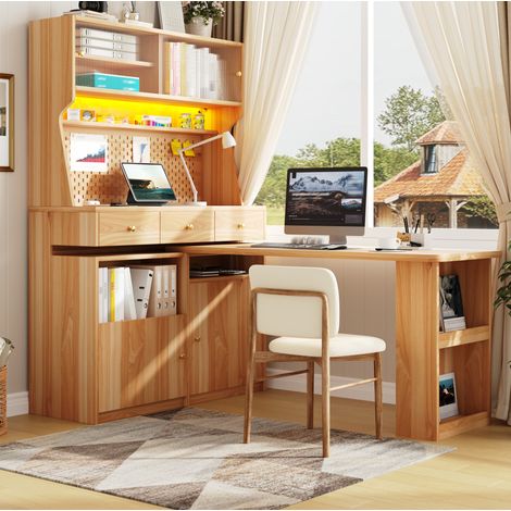 Armadio alto con scrivania 137x74x177.7 cm, salvaspazio, LED controllata da app, ante in vetro, MDF e vetro naturale (1/5)