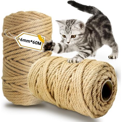 2 Pièces Corde Sisal 60M X 6MM, Fibre Naturelle Robuste, Pour Arbre à Chat, Décoration Maison et Jardinage (1/5)