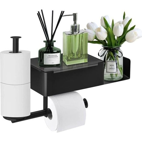 Porte-papier toilette mural noir avec étagères et boîte à lingettes humides, support pour 2 rouleaux pour salle de bain et cuisine (1/4)