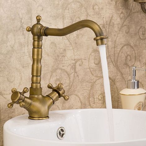 Robinet de lavabo à double poignée en bronze antique, grue de mélangeur d'eau chaude et froide monotrou pour cuisine et salle de bain (1/5)