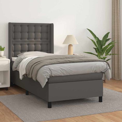 Cama box spring con colchón cuero sintético gris 80x200 cm (1/5)