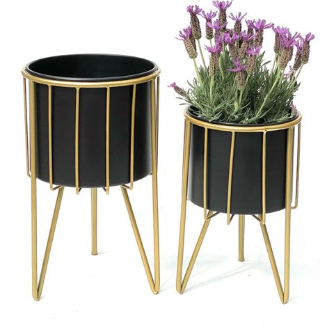 DanDiBo Tabouret de fleur avec pot Métal Or Noir Rond Set de 2 Tabourets de fleur 96039 Colonne de fleur Moderne Support de plante Tabouret de plante