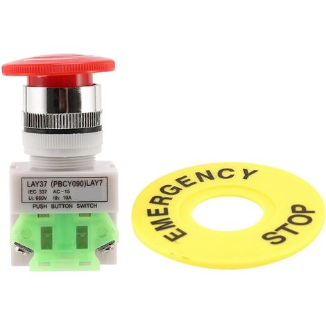 Bouton-poussoir d'arrêt d'urgence à culot champignon rouge, 1NO 1NC DPST, 660 V CA, 10 A (1/5)
