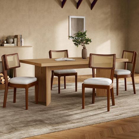 Lote de 4 sillas de comedor de madera con respaldo de ratán, cojín de lino, marrón (1/5)