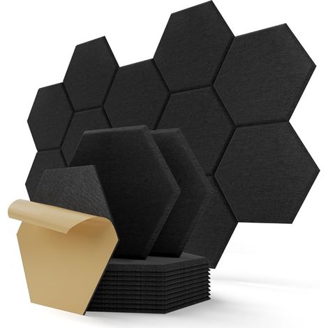 Panneaux Acoustiques Hexagone Autocollante, Lot de 12, Panneau Acoustique Haute Densité pour Mural, Porte, Plafond, Traitement Acoustique pour Home Studio, Gaming, Chambre, 30 x 30 x 0,9cm, Noir