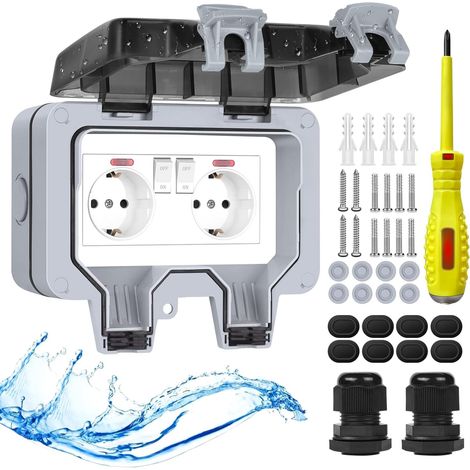 Prise extérieure IP66 avec interrupteur, lumineuse étanche, boîte encastrable de surface, bloc jardin à capot verrouillable, lot de 2. (1/5)