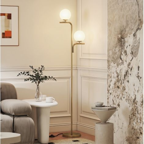 Lampadaire LED à double abat-jour en verre avec variateur, cadre en acier doré et interrupteur au pied (1/5)