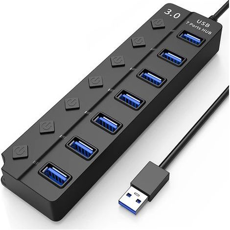7-Port USB 3.0 Hub – Abnehmbar mit Netzschalter – Kompatibel mit MacBook und PC (1/5)