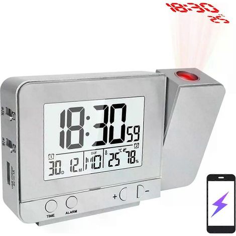 Réveil projecteur pour chambre à coucher avec thermomètre, hygromètre, horloge numérique au plafond, affichage LED à luminosité réglable et chargeur USB. (1/5)