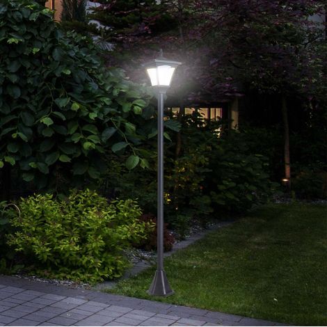 Lanterne solaire de jardin LED 30 lumens noire, rétro et moderne, avec détecteur crépusculaire, IP44, à poser ou planter, 15 x 15 x 120 cm  CHICFURN (1/5)
