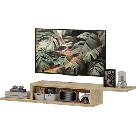 Meuble TV Meuble TV mural flottant suspendu support TV - étagère murale flottante - niche, passe-fils - chêne clair (1/5)