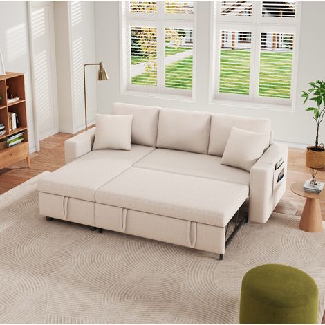 Divano angolare convertibile 219,5x142,5x83 cm in poliestere beige, contenitore FloraGrace (1/5)