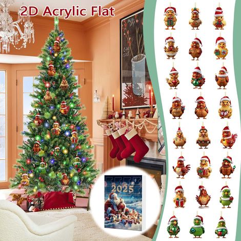 Calendrier De Lavent En Acrylique - Décoration De Sapin De Noël Avec Poulets À Chapeaux De Père Noël - 24 Jours - Pour Enfants Et Adultes - 1 Pièce (1/5)