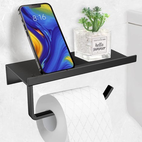 Soporte de papel higiénico de pared sin necesidad de taladrar, de aluminio con estantes espaciosos (negro) (1/5)