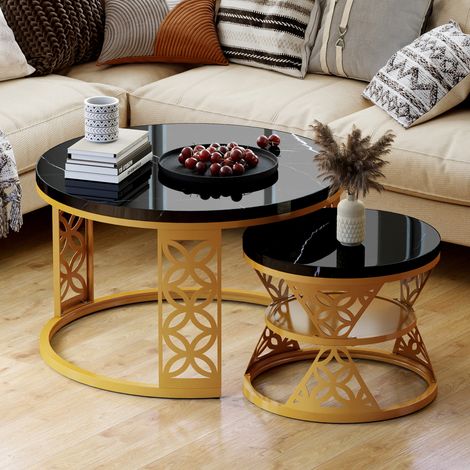 REDOM Set di 2 tavolini rotondi 70x70x45 cm, effetto marmo e impilabili, MDF metallo nero oro