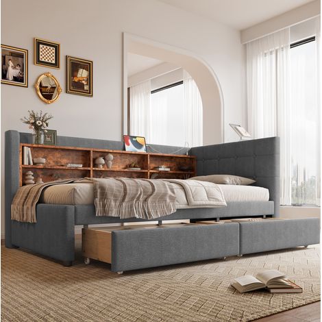 Cama de día 90x200 cm de lino gris con cabecero, 2 cajones, estantes, USB y Type-C, somier de láminas (1/5)