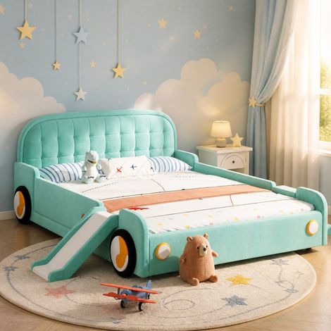 Cama infantil coche con tobogán y escalera, 140 x 200 cm, azul verdoso, terciopelo DESVIAE (1/5)