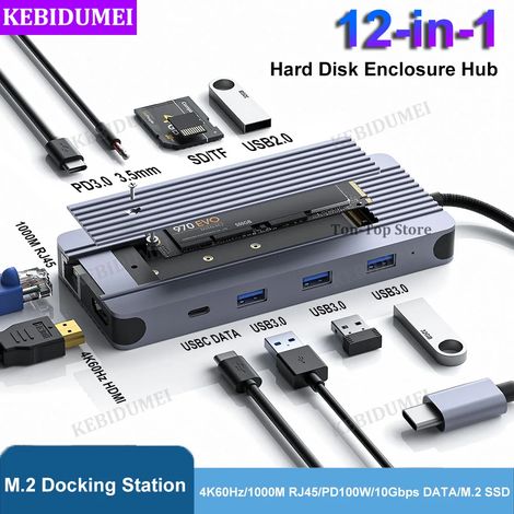 Station d'extension SSD M.2 (12 en 1), adaptateur USB-C vers HDMI, 4K 60 Hz, 1 000 Mbit/s, alimentation PD 100 W, USB 3.0, pour MacBook (1/5)