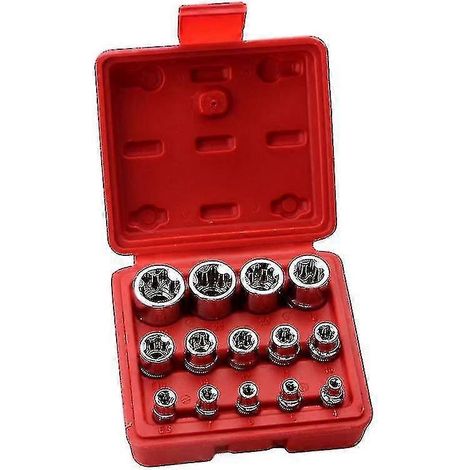 Jeu de 14 douilles Torx (E et 6 angles), kit de réparation automobile, 1 jeu, argent (boîte rouge) (1/3)