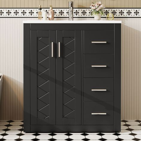 Lavabo autoportant noir 76x46,5x85,5 cm meuble vasque laqué 3 tiroirs silencieux  double porte charnières à fermeture douce lavabo intégré