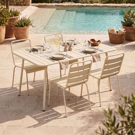 Ensemble table de jardin + 4 chaises en métal crème - BACA (1/5)