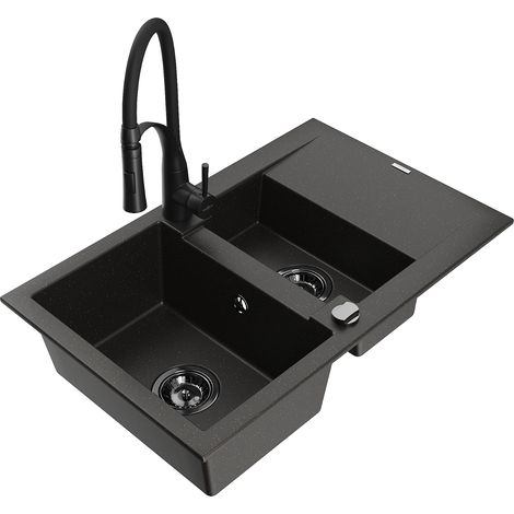 Mexen Gaspar 1,5-Kammer-Granitsink mit Abtropffläche und Küchenarmatur Aster, schwarz/goldener Metallic - 6507-75-73450-70-B (1/5)