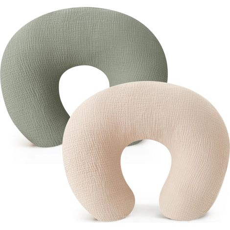 Housse d'oreiller d'allaitement en coton, housse d'oreiller douce et mignonne, adaptée aux nouveau-nés garçons et filles (vert brouillard, crème) – lot de 2 (1/4)