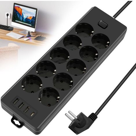 Multiprise 10 prises + 2 USB-C + 2 USB-A, 2 m, 2000 W/16 A, 1050 J, protection surtension, interrupteur – idéale maison, école, bureau