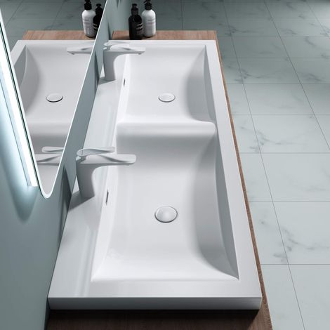 doporro Lavabo Doppio da Incasso per Bagno con 2 Fori Rubinetto e Troppopieno in Marmoresina Bianco Lucido 144x48x12 cm - Colossum03 (1/5)
