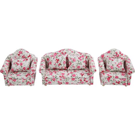 Canapé miniature imprimé fleuri pour maison de poupée 1/12 avec coussins dossier - Accessoires décoratifs (2) (1/5)
