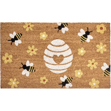 Felpudo antideslizante 45 x 75 cm con dorso de PVC motivo de abejas y flores de fibra de coco natural Kigalik