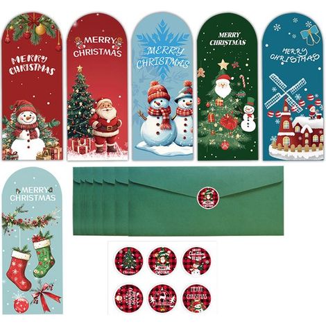 Set di 6 biglietti di auguri natalizi, cartoline e adesivi natalizi con buste e adesivi raffiguranti Babbo Natale, un pupazzo di neve e un albero di Natale: perfetto (1/5)