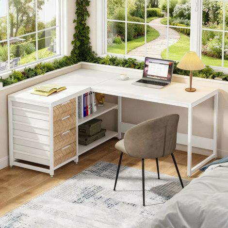 L-förmiger Eckschreibtisch mit Regalen, wendbar, L-förmig, 3 Schubladen und Ablagen, für das Homeoffice, 150 x 110 x 75 cm, Weiß